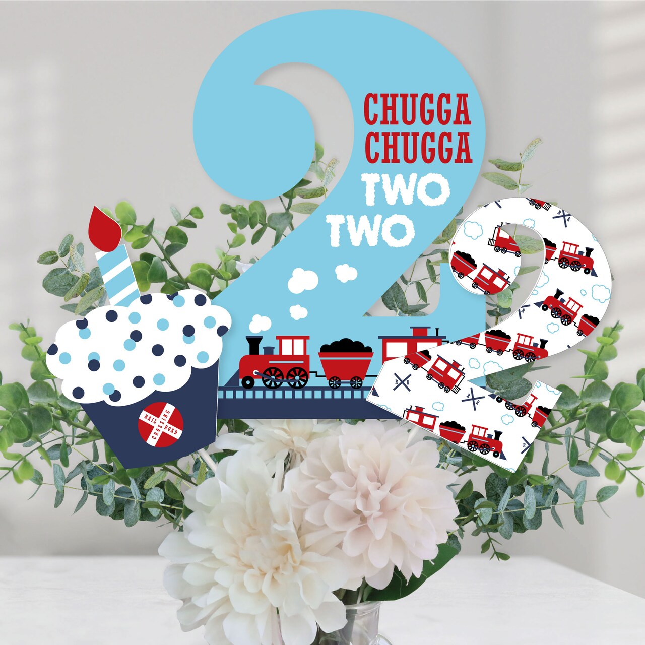 Big Dot of Happiness 2nd Birthday Railroad Party Crossing - Steam Train Second Birthday Party Centerpiece Sticks - Table Toppers - Set of 15